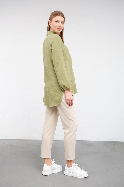 Busa Maternity Front Pocket Linen Shirt with Elasticized Sleeves