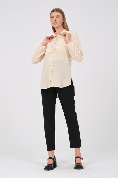 Busa Maternity Front Pocket Linen Shirt with Elasticized Sleeves