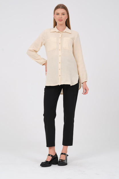 Busa Maternity Front Pocket Linen Shirt with Elasticized Sleeves