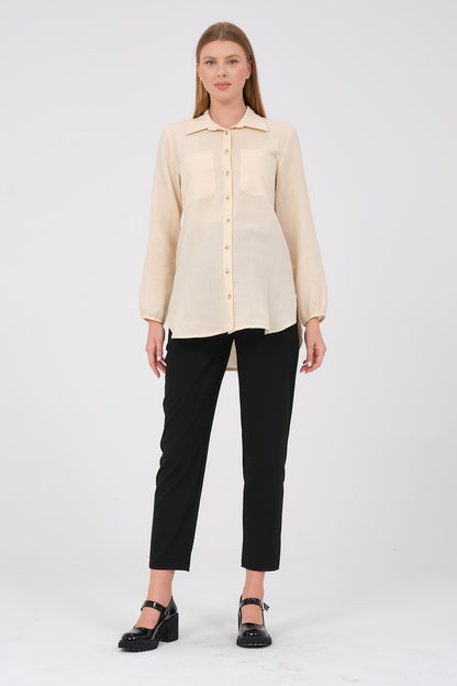 Busa Maternity Front Pocket Linen Shirt with Elasticized Sleeves