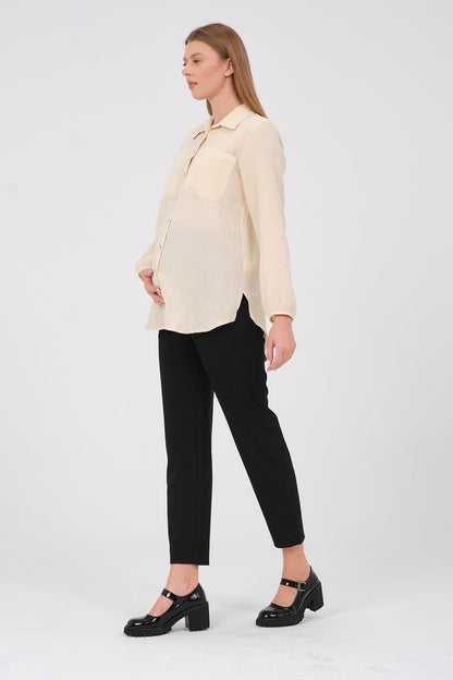 Busa Maternity Front Pocket Linen Shirt with Elasticized Sleeves