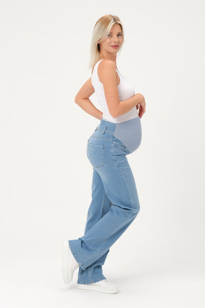 Busa Maternity Belly Hugging Elastic Banded Back Belted Wide Leg Jeans Light