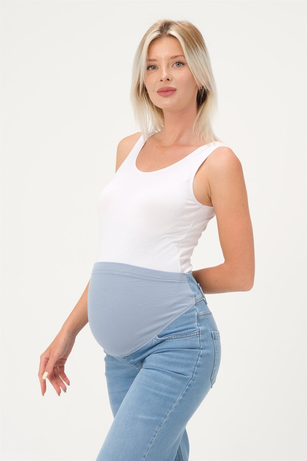 Busa Maternity Belly Hugging Elastic Banded Back Belted Wide Leg Jeans Light