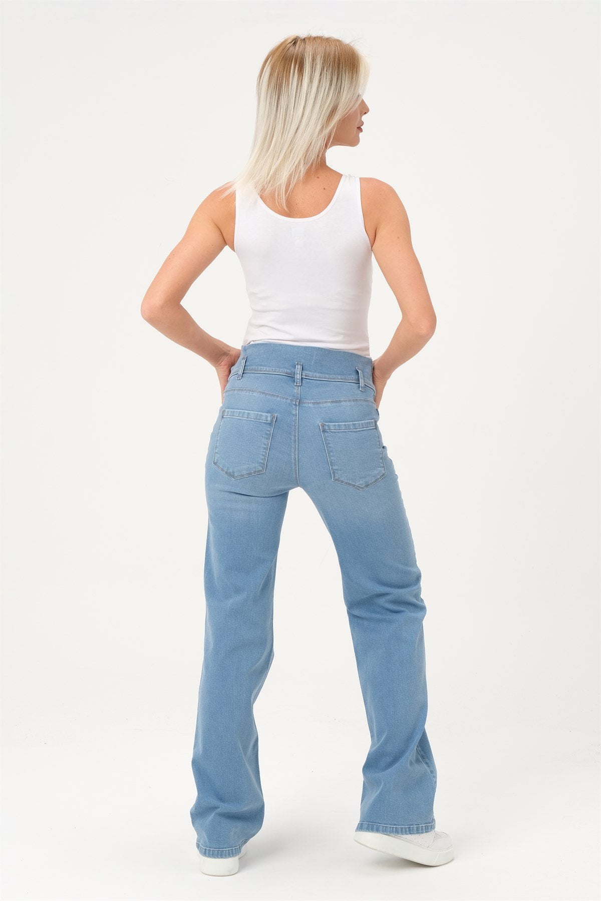 Busa Maternity Belly Hugging Elastic Banded Back Belted Wide Leg Jeans Light