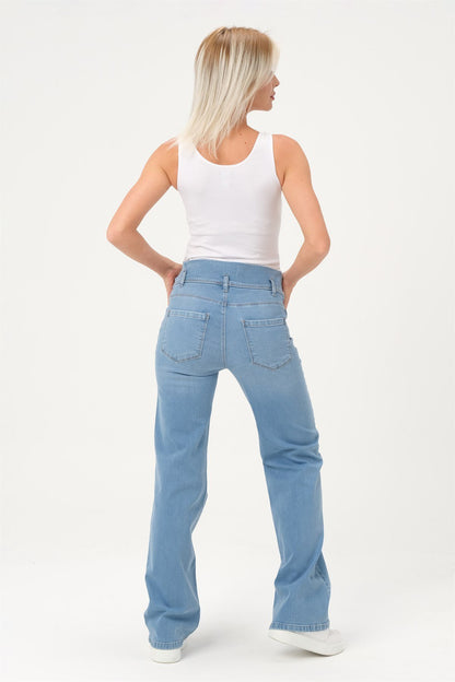 Busa Maternity Belly Hugging Elastic Banded Back Belted Wide Leg Jeans Light