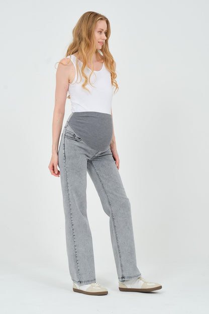 Busa Maternity Belly Hugging Elastic Banded Back Belted Wide Leg Jeans Light