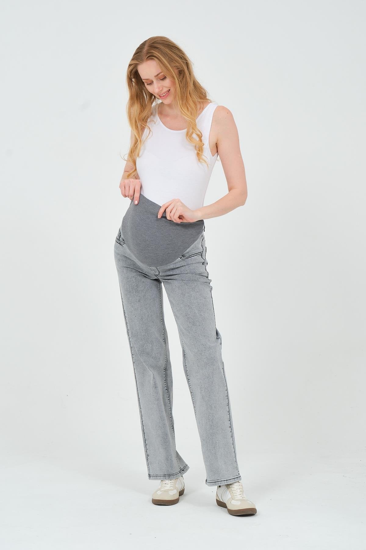 Busa Maternity Belly Hugging Elastic Banded Back Belted Wide Leg Jeans Light