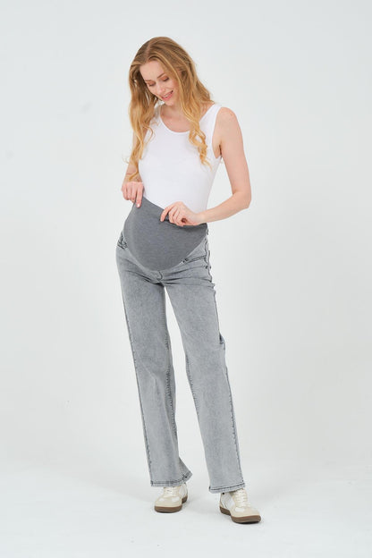 Busa Maternity Belly Hugging Elastic Banded Back Belted Wide Leg Jeans Light