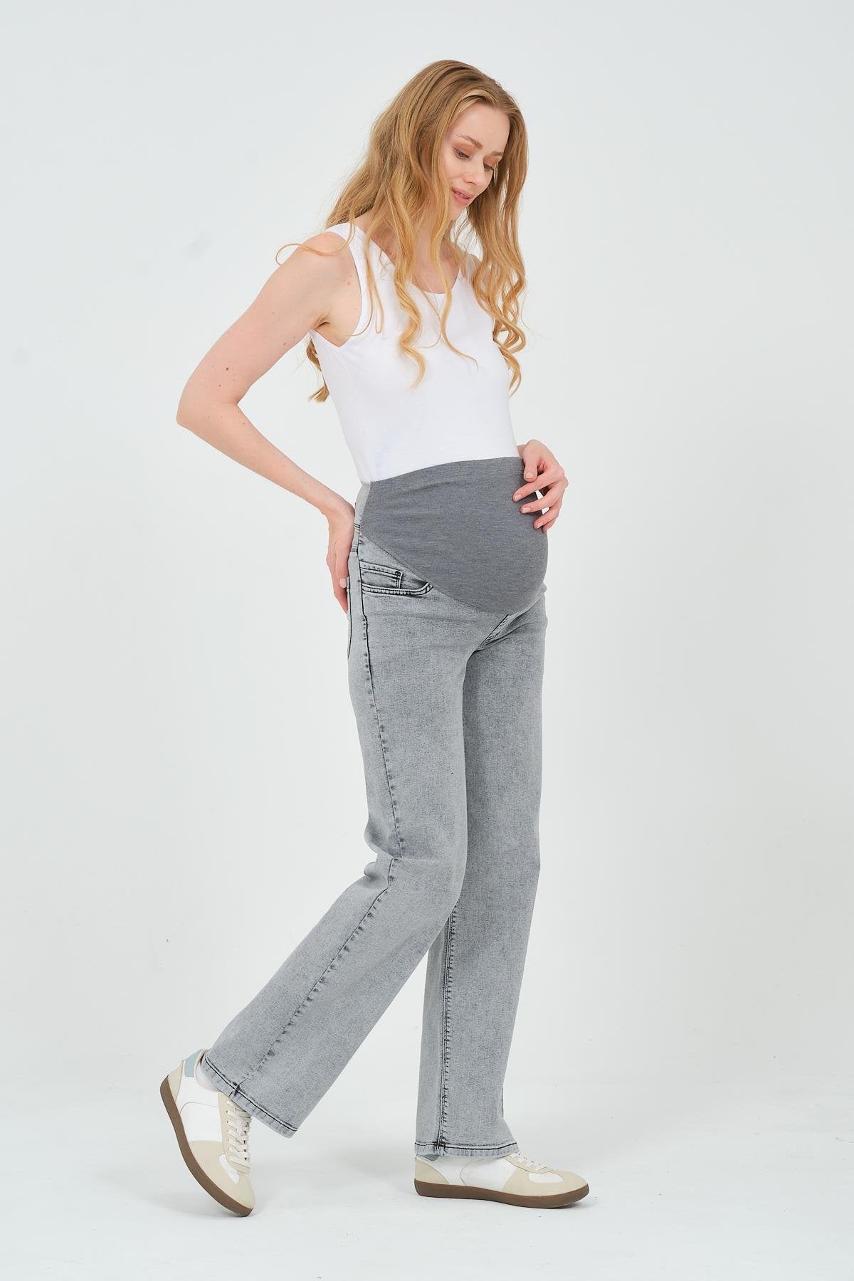 Busa Maternity Belly Hugging Elastic Banded Back Belted Wide Leg Jeans Light