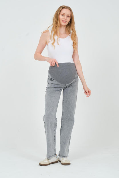 Busa Maternity Belly Hugging Elastic Banded Back Belted Wide Leg Jeans Light