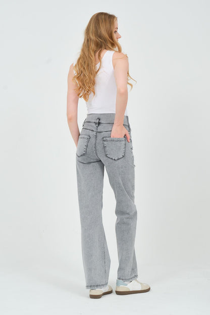 Busa Maternity Belly Hugging Elastic Banded Back Belted Wide Leg Jeans Light