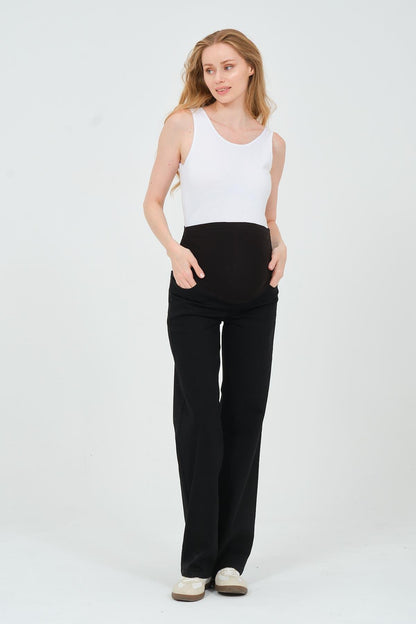 Busa Maternity Belly Hugging Elastic Banded Back Belted Wide Leg Jeans Light