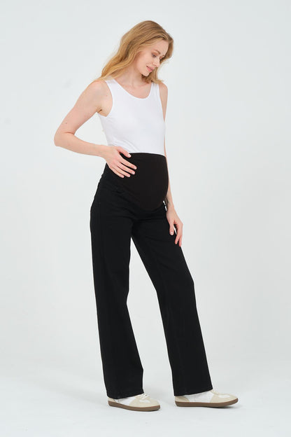 Busa Maternity Belly Hugging Elastic Banded Back Belted Wide Leg Jeans Light