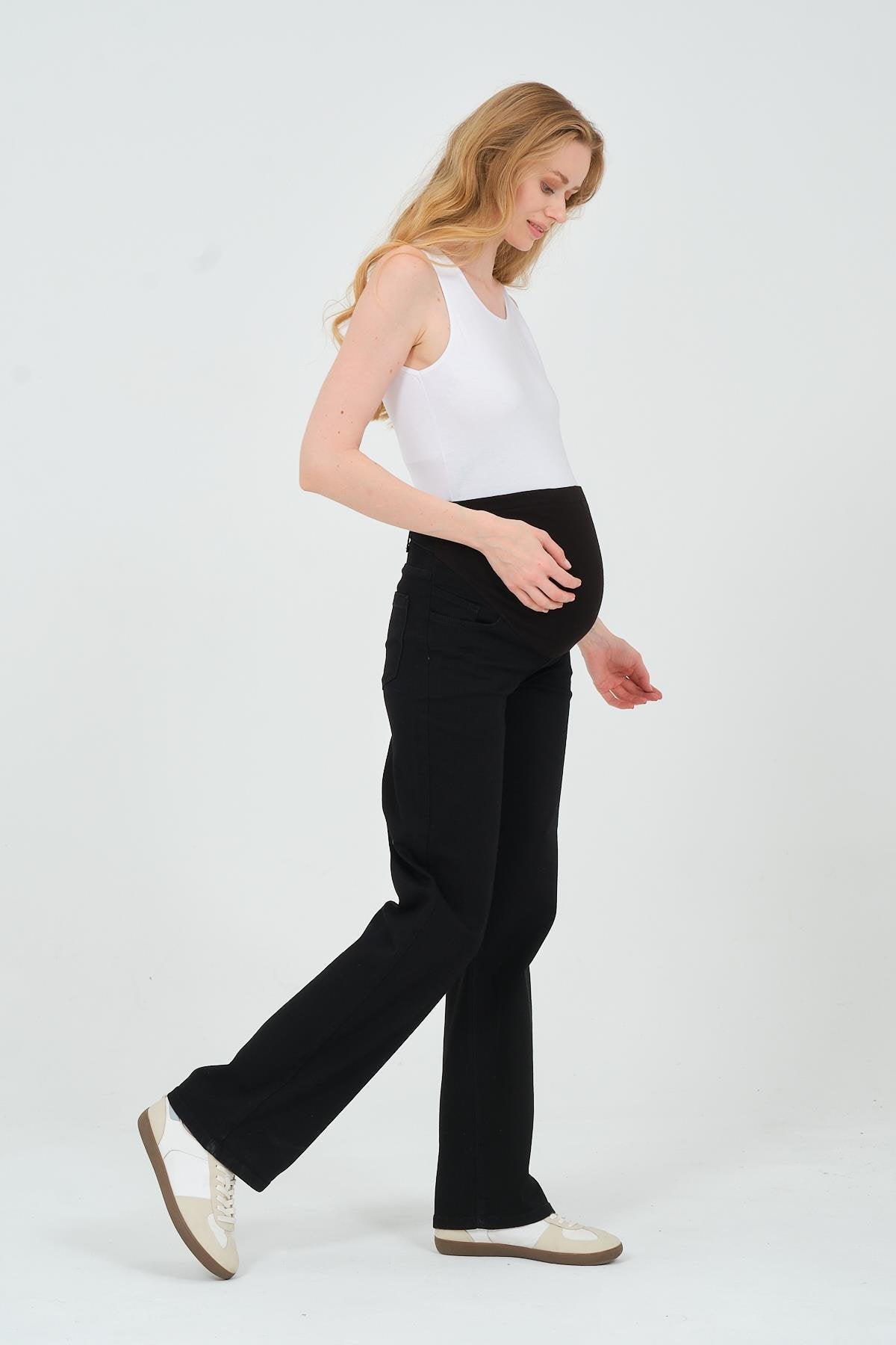Busa Maternity Belly Hugging Elastic Banded Back Belted Wide Leg Jeans Light