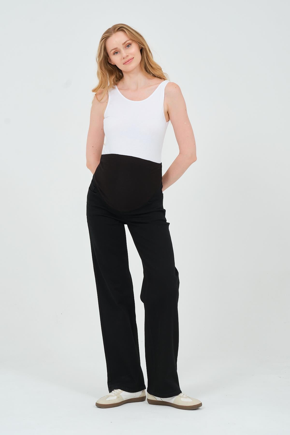 Busa Maternity Belly Hugging Elastic Banded Back Belted Wide Leg Jeans Light