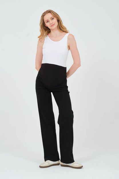 Busa Maternity Belly Hugging Elastic Banded Back Belted Wide Leg Jeans Light