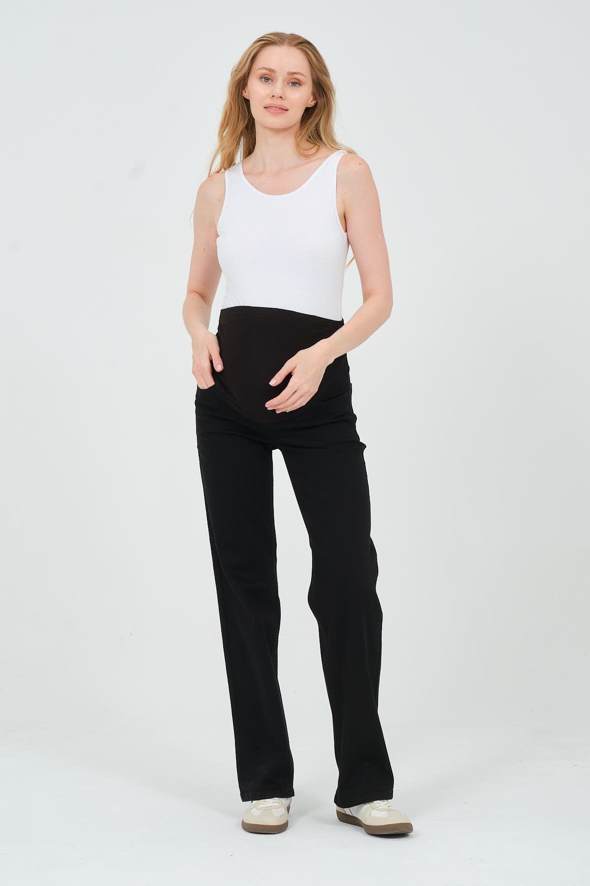 Busa Maternity Belly Hugging Elastic Banded Back Belted Wide Leg Jeans Light