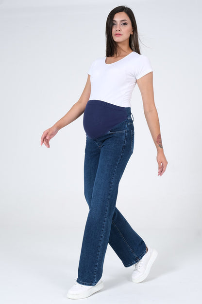 Busa Maternity Belly Hugging Elastic Banded Back Belted Wide Leg Jeans Light