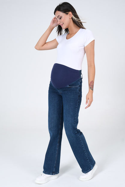 Busa Maternity Belly Hugging Elastic Banded Back Belted Wide Leg Jeans Light