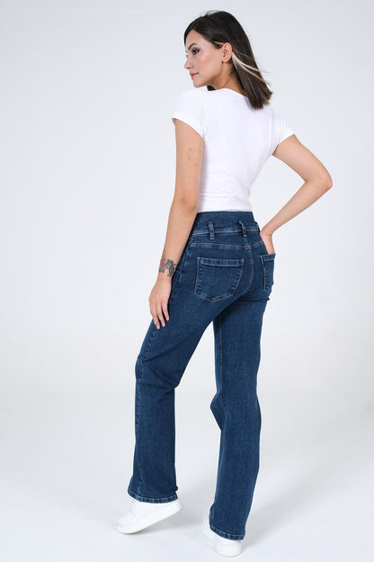 Busa Maternity Belly Hugging Elastic Banded Back Belted Wide Leg Jeans Light