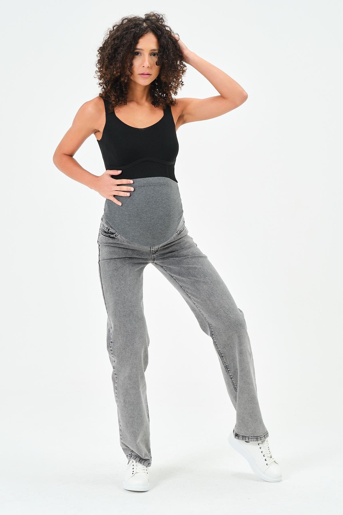 Busa Maternity Belly Hugging Elastic Banded Back Belted Wide Leg Jeans Light