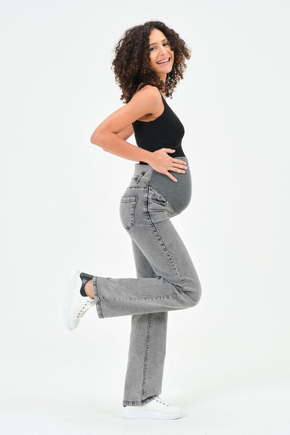 Busa Maternity Belly Hugging Elastic Banded Back Belted Wide Leg Jeans Light