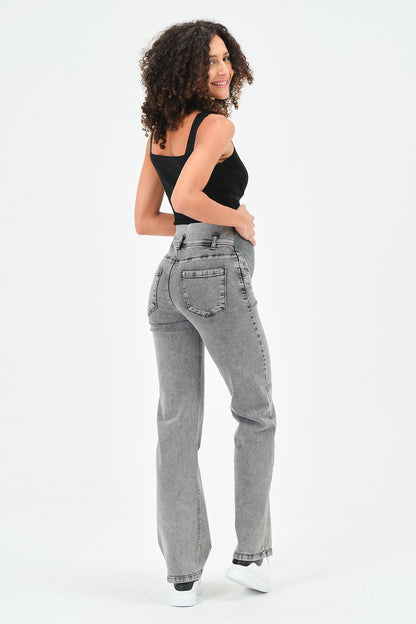 Busa Maternity Belly Hugging Elastic Banded Back Belted Wide Leg Jeans Light