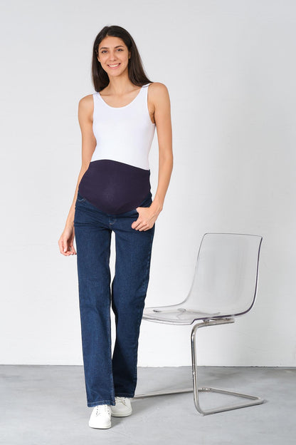 Busa Maternity Belly Hugging Elastic Banded Back Belted Wide Leg Jeans Light