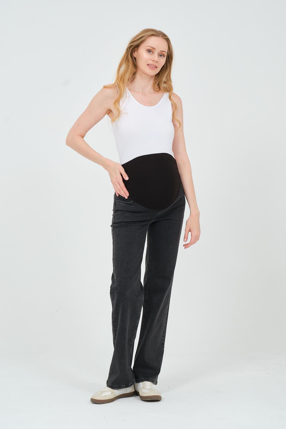 Busa Maternity Belly Hugging Elastic Banded Back Belted Wide Leg Jeans Light