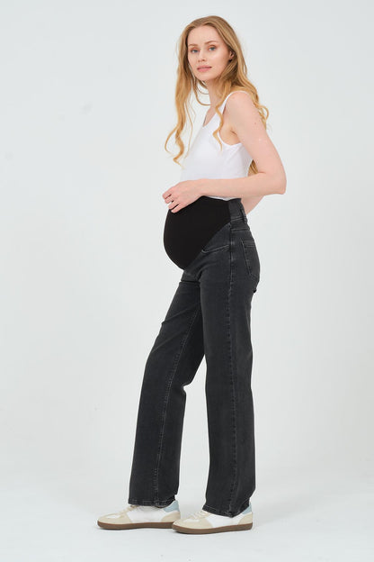 Busa Maternity Belly Hugging Elastic Banded Back Belted Wide Leg Jeans Light