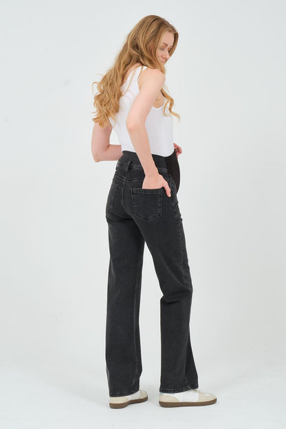 Busa Maternity Belly Hugging Elastic Banded Back Belted Wide Leg Jeans Light